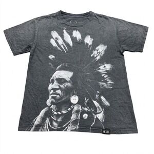 Rook Mens Graphic T-Shirt Native American Chief Faded Black Distressed‎ Small